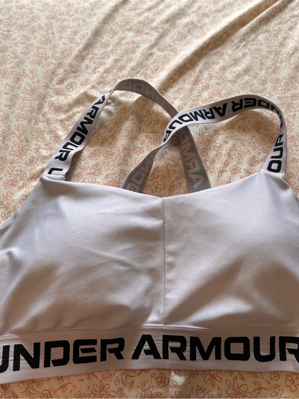 Under Armour White Sports Bra with Black Logo Band and Crossback Straps